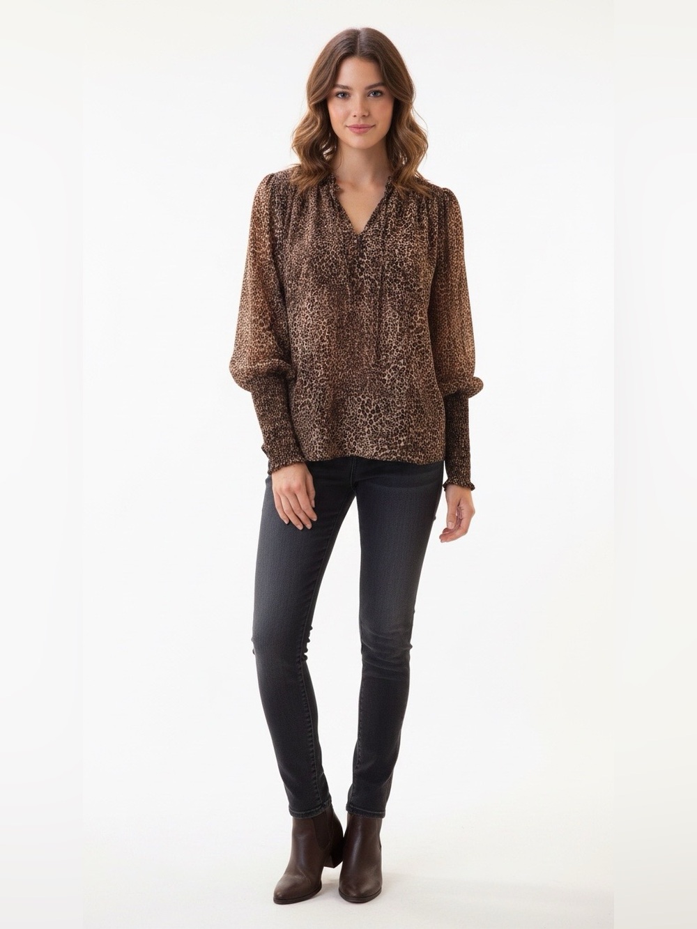 1.State Smocked Cuff Animal Print Top Medium